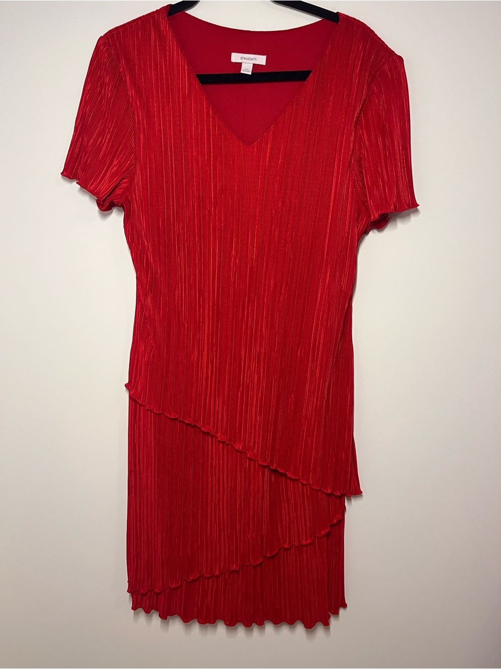 dressbarn Red V‑Neck Tiered Pleated Dress